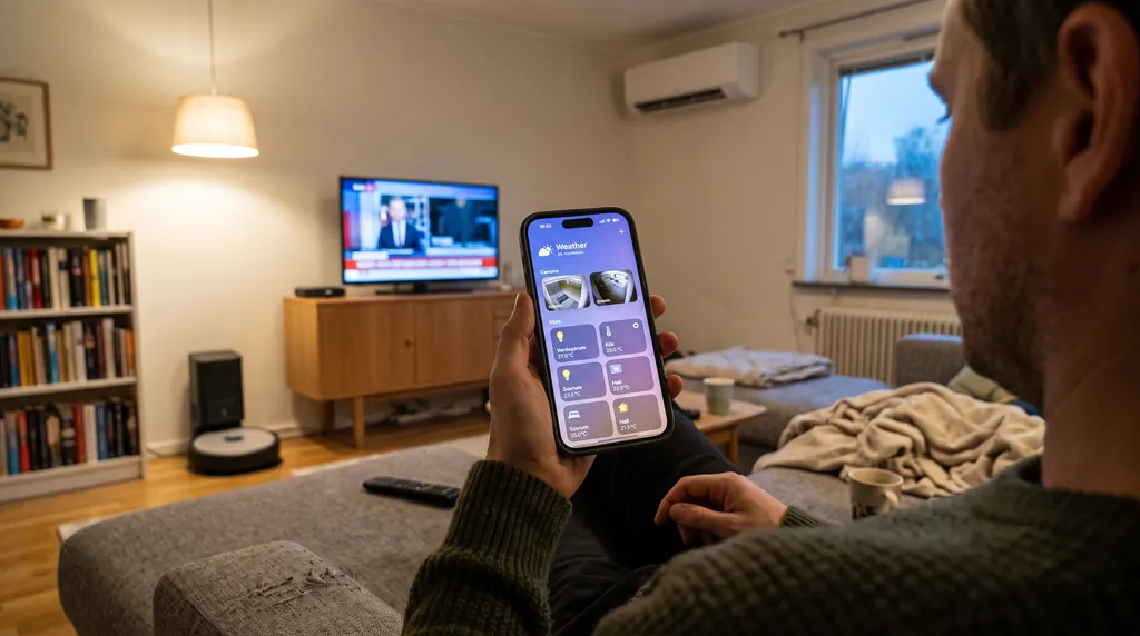 Person i soffan styr vardagsrummets belysning och robotdammsugare från Home Assistant-appen