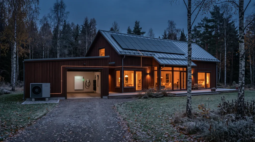 Villa i skymningen med solceller på taket, värmepump vid gaveln och hembatteri i garaget