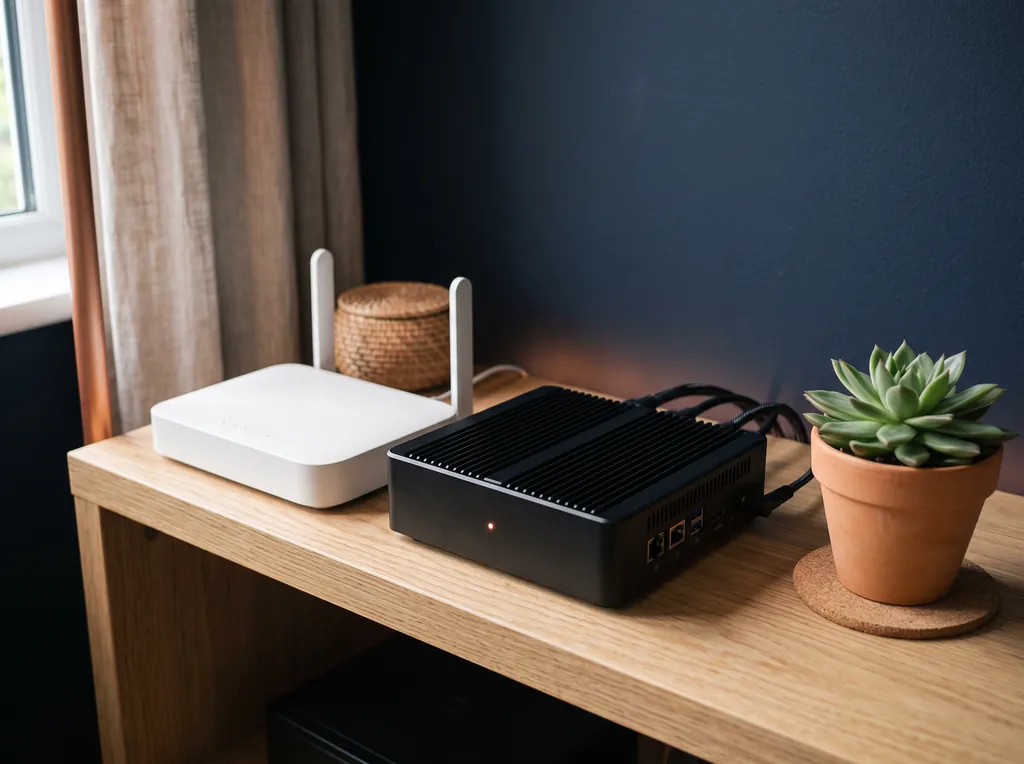 Liten svart server bredvid en router på en hylla hemma
