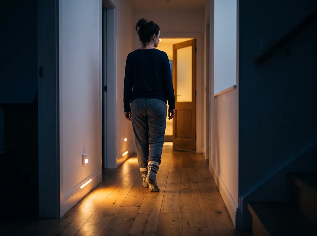 Person går genom en mörk hall där dämpad golvbelysning tänds